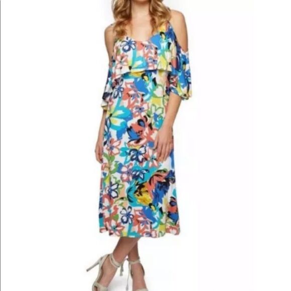 Rachel Pally Dress Floral Flounce Size small Jae‎ Floral Cold Shoulder Midi - Picture 2 of 8